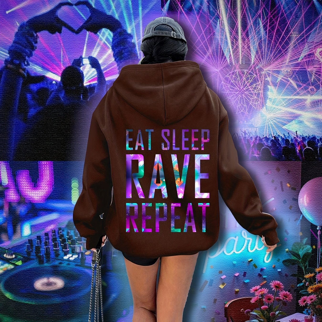 Plus Size, Women's Plus Size "EAT SLEEP RAVE REPEAT" Graphic Hoodie - Music Festival Print with Colorful Lights & DJ Design, Cozy Drawstring Hooded Sweatshirt for Winter & Autumn, Machine Washable Casual Pullover