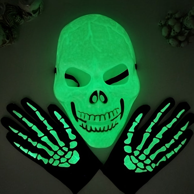 2pcs Glow-in-the-Dark Green Skull Series Luminous Mask & Gloves - Halloween Costume Party Accessory, Fashionable Plastic Makeup Masks for Nighttime Festivities, Halloween Costumes, Glowing Mask, Glowindark Feature