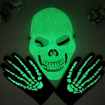 2pcs Glow-in-the-Dark Green Skull Series Luminous Mask & Gloves - Halloween Costume Party Accessory, Fashionable Plastic Makeup Masks for Nighttime Festivities, Halloween Costumes, Glowing Mask, Glowindark Feature