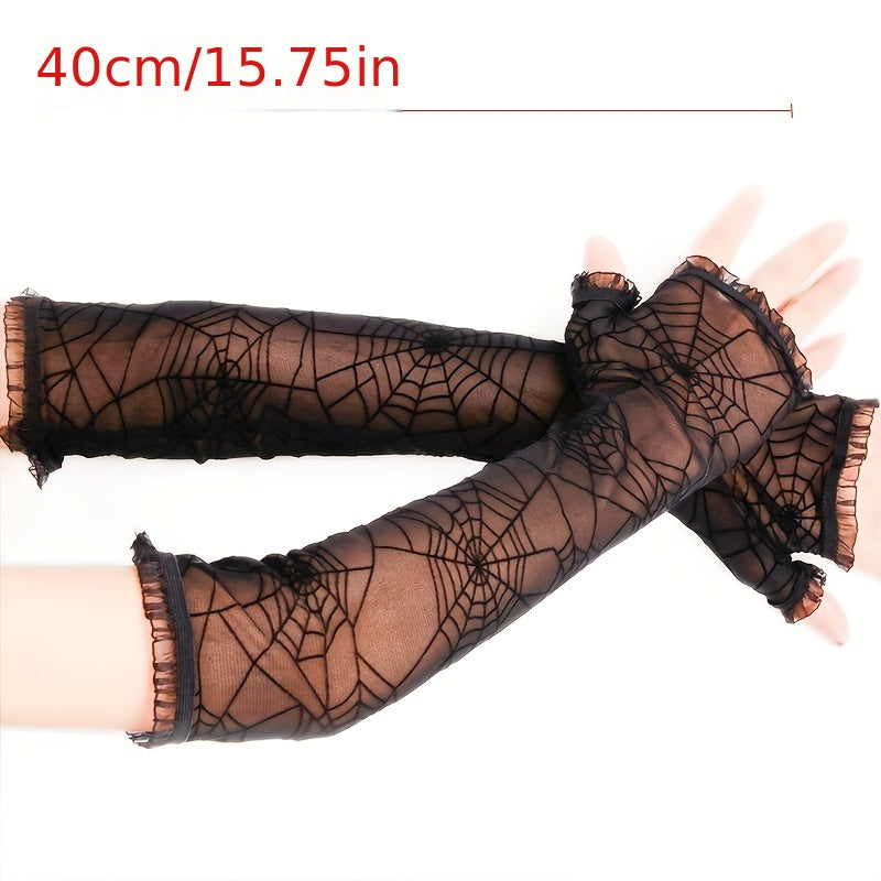 [Gothic Spider Pattern Gloves] Gothic Spider Pattern Translucent Fingerless Gloves for Women Halloween Decorative Y2K Black Lace Gloves