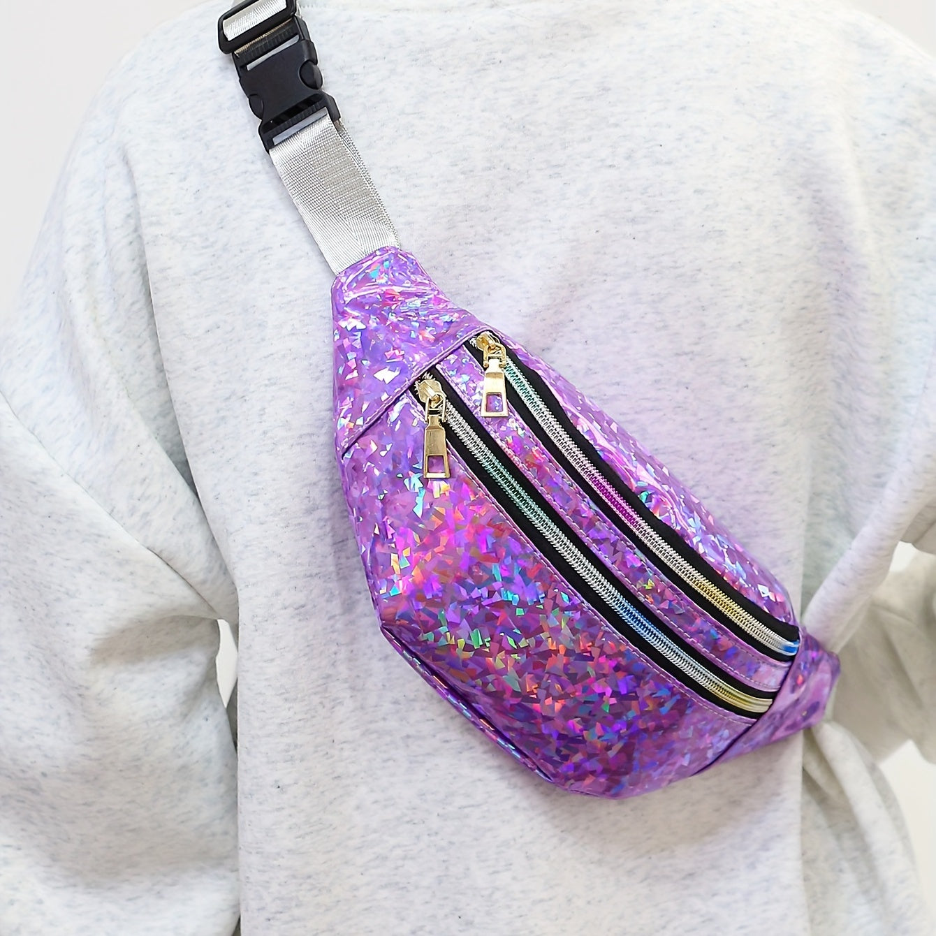 Holographic Sequin Waist Bag for Women - Stylish Crossbody Belt Bag with Adjustable Strap, Zipper Closure, And Glittery Purple, White, And Pink Patterns - Perfect for Outdoor Activities, Travel, And Everyday Fashion, Crossbod