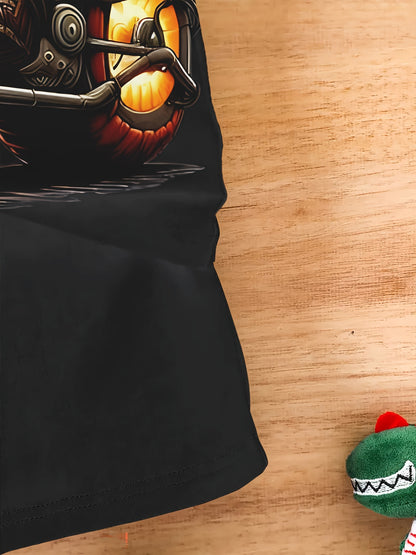 [Halloween Graphic Tee] Halloween Graphic Tee - Men's 3D Pumpkin Motorcycle Print T-Shirt | 100% Polyester Knit Fabric, Casual Crew Neck, Slight Stretch, Regular Fit, 110gsm