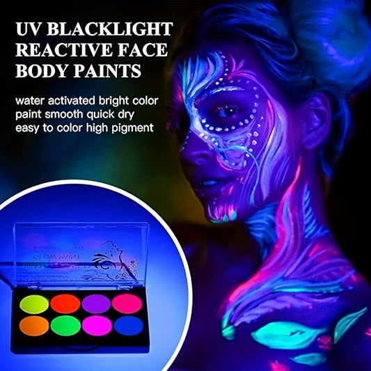8 Colors Neon Glow in the Dark Face & Body Paint Set - Water Activated, Easy to Apply Paste for Vibrant, Fun & Creative Makeup Looks at Parties, Halloween, and Music Festivals, Party Makeup | Vibrant Neon Makeup | Easy Applic