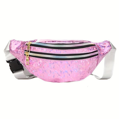 Holographic Sequin Waist Bag for Women - Stylish Crossbody Belt Bag with Adjustable Strap, Zipper Closure, And Glittery Purple, White, And Pink Patterns - Perfect for Outdoor Activities, Travel, And Everyday Fashion, Crossbod