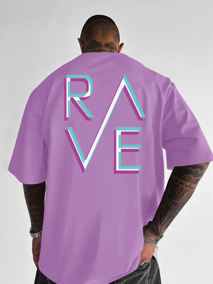 Men'S Casual Loose Fit Crew Neck T-Shirt with "RAVE" Graphic Print - Vibrant Neon Letter Design, Short Sleeve, Summer Essentials, Perfect Gift for Music Lovers, Everyday Tshirt | Vibrant Graphic Tee | Comfortable Fit, PLUS SI
