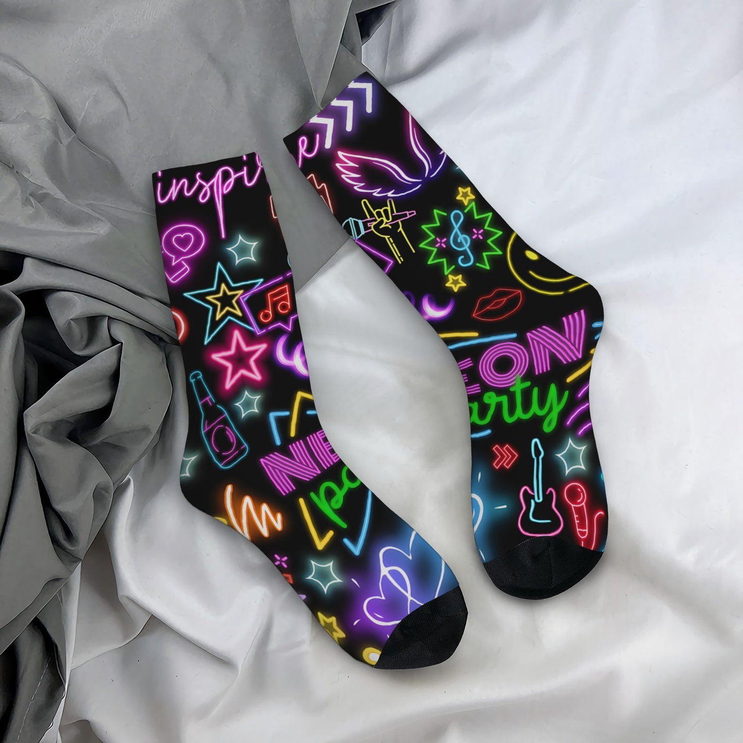 1 Pair Men'S Neon Style Compression Socks, Vintage Harajuku Hip Hop Novelty Pattern, Polyester & Elastane, Hand Wash or Dry Clean, Random Printed Crew Socks, Gift Idea