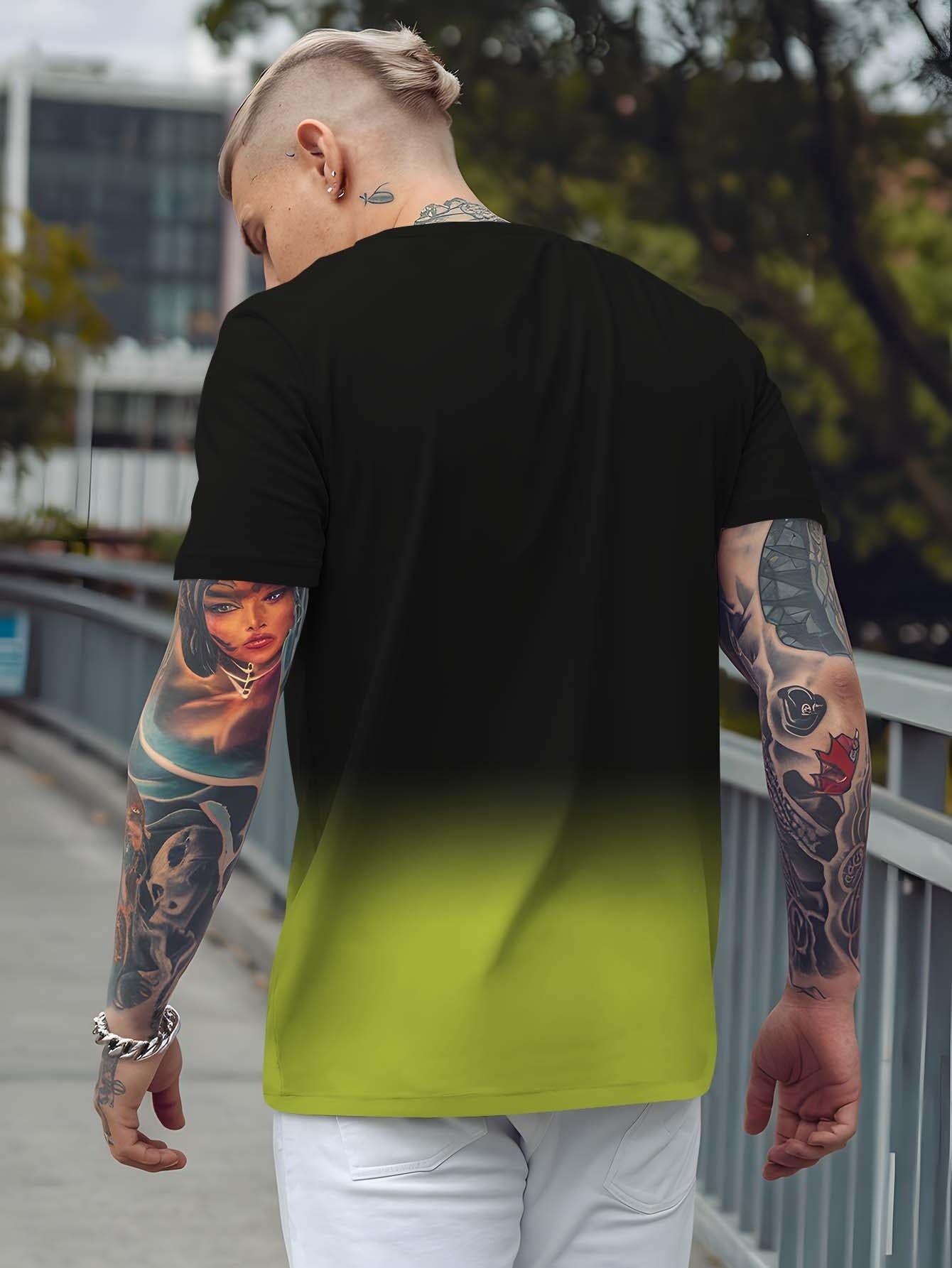 Men's Gradient Rave Graphic T-Shirt - Ice Silky Breathable, Quick-Dry, Round Neck, Short Sleeve, Casual Summer Tee in Vibrant Orange to Black Ombre Design