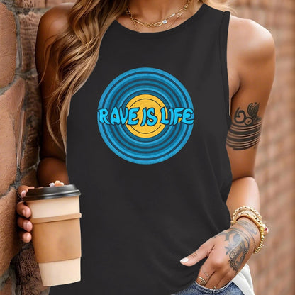 Rave Is Life Women's Sleeveless Vest - Vibrant Red Geometric Circular Design, Casual Round Neck, Machine Washable All-Season Wear for Festivals, Parties & Everyday Outfits, Rave Accessories, Festival Outfit, Bold Graphic, Lig
