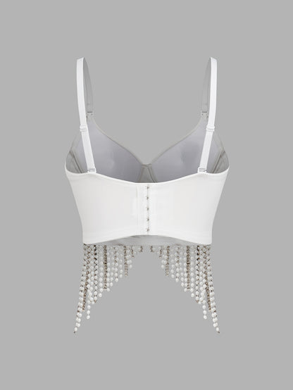Sexy Fishbone Corset Top with Pearl Embellishments & Tassel Details - Vibrant Pink Stretchy Spaghetti Strap Bustier for Nightclub, Concert, Festival - Versatile All-Season Women's Fashion, Concert Attire, Elegant Style, Styli