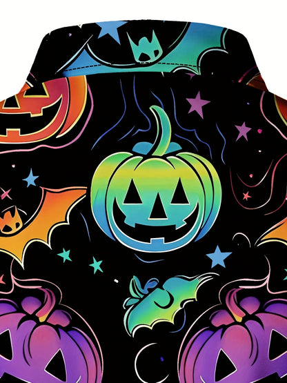[Festive Halloween Shirt] Polyester Men's Festive Long Sleeve Shirt - Vibrant Halloween-Themed Pumpkin & Bat Print, Button-Up with Chest Pocket, Ideal for Fall/Winter Celebrations, Halloween Decorations