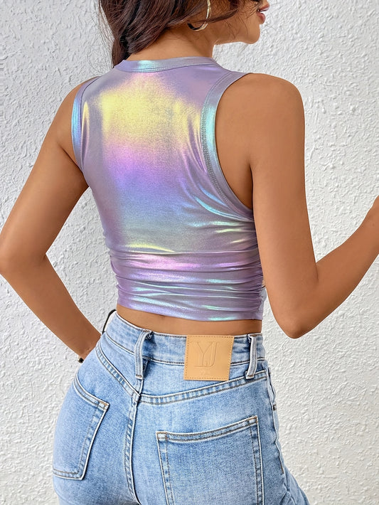 Women'S Fashion Metallic Holographic Crop Top, Polyester 97% Spandex 3% Knit Fabric, Crew Neck Sleeveless Pullover Vest for All Seasons