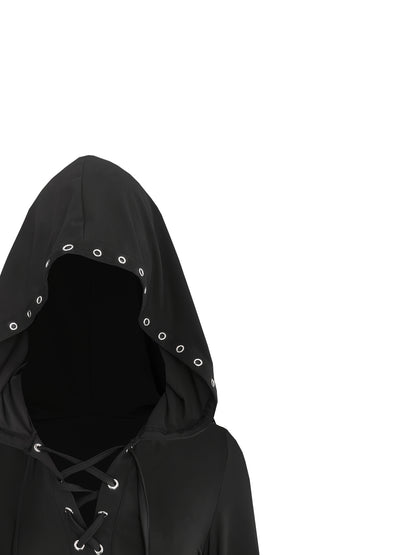 Gothic Women'S Hooded Batwing Sleeve Bodycon Dress with Punk Metal Decorative Hat - V-Neck, Long Sleeve, Knee-Length Halloween Costume for Adults, Black, Halloween Attire | Edgy Fashion | Glossy Finish, Halloween Costumes