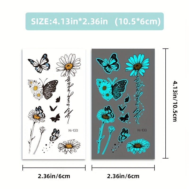 12 Sheets Luminous Glow in the Dark Temporary Tattoos - Waterproof Fake Tattoo Stickers with Butterfly & Floral Designs, Neon Blue Glow for Nightclub, Festival, Party Decoration, Festival Body Art | Mystical Design Elements |