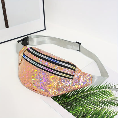 Holographic Sequin Waist Bag for Women - Stylish Crossbody Belt Bag with Adjustable Strap, Zipper Closure, And Glittery Purple, White, And Pink Patterns - Perfect for Outdoor Activities, Travel, And Everyday Fashion, Crossbod