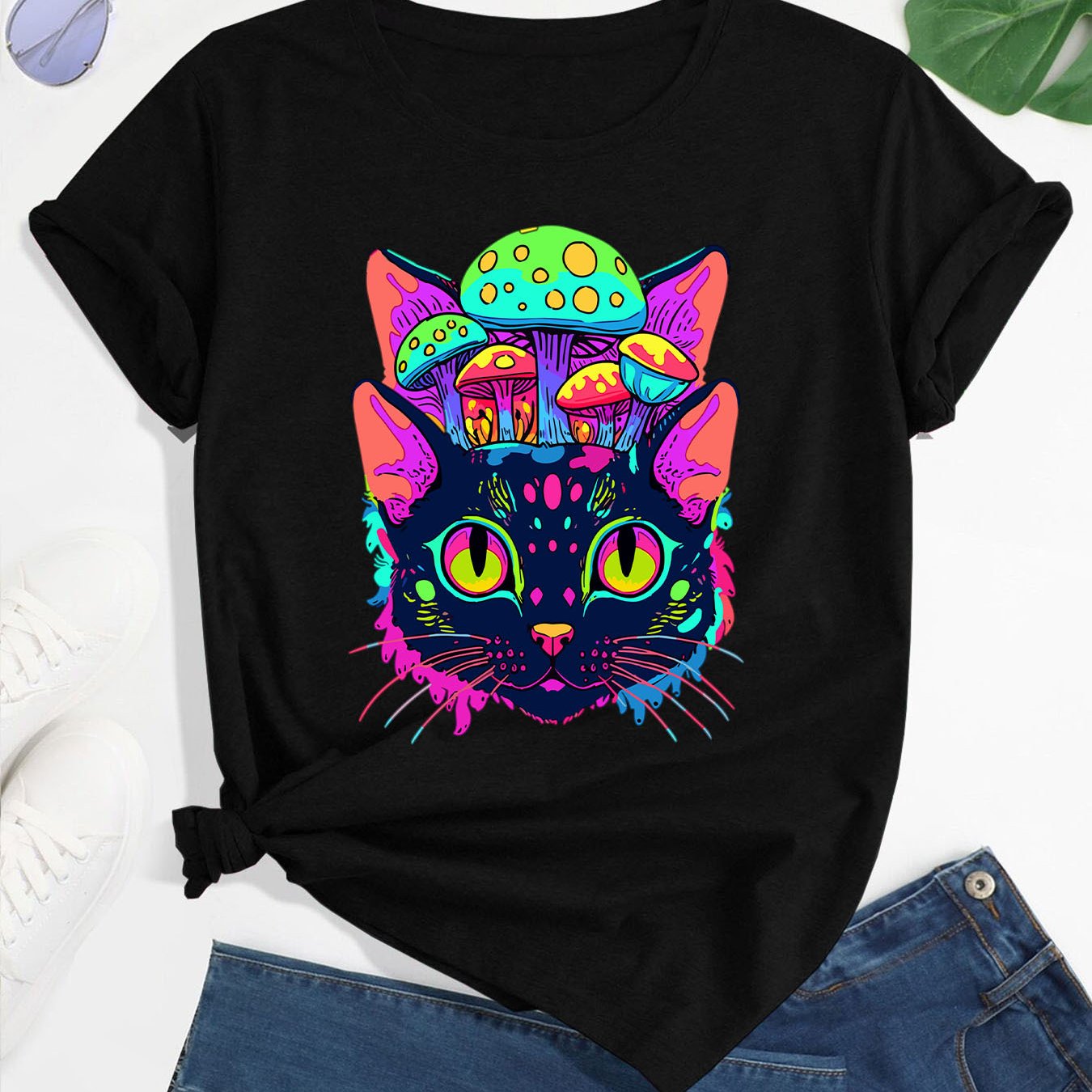 Women's Psychedelic EDM Rave T-Shirt - Black Trippy Cat & Mushroom Graphic Tee, Neon Colors Crew Neck Top for Festival Outfits, Casual Party Clothing - Machine Washable Summer Apparel, Festival Attire, Whimsical Clothing, Sho