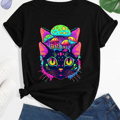Women's Psychedelic EDM Rave T-Shirt - Black Trippy Cat & Mushroom Graphic Tee, Neon Colors Crew Neck Top for Festival Outfits, Casual Party Clothing - Machine Washable Summer Apparel, Festival Attire, Whimsical Clothing, Sho