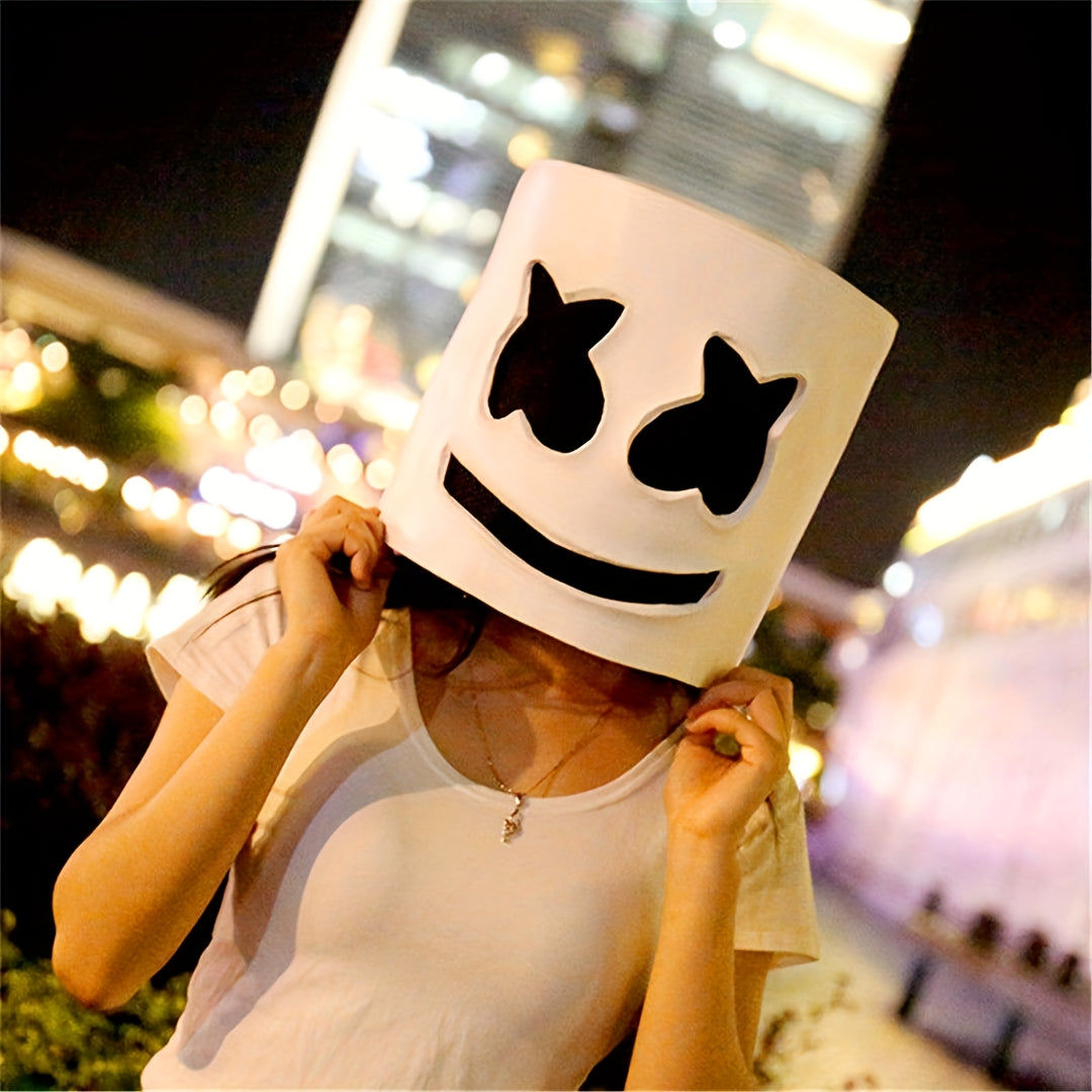 [DJ Marshmello Latex Mask] 1pc Life-Size DJ Marshmello Latex Costume Mask - Halloween Party, Cosplay, EDM Events - Assembly Required (Mask Color Random - Guaranteed Design) - Fits Head Circumference up to 27.1" - Official Loo