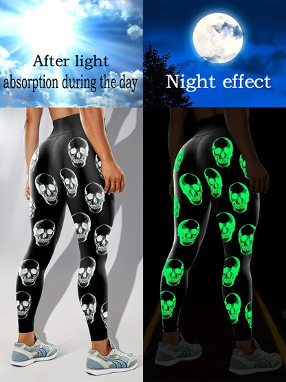 [Glow Halloween Leggings] Stretchy, Comfortable Glow-in-the-Dark Halloween Skull Print High Waist Yoga Leggings for Women | Black Sports Pants for Nighttime Workouts or Casual Wear, Casual Sportswear