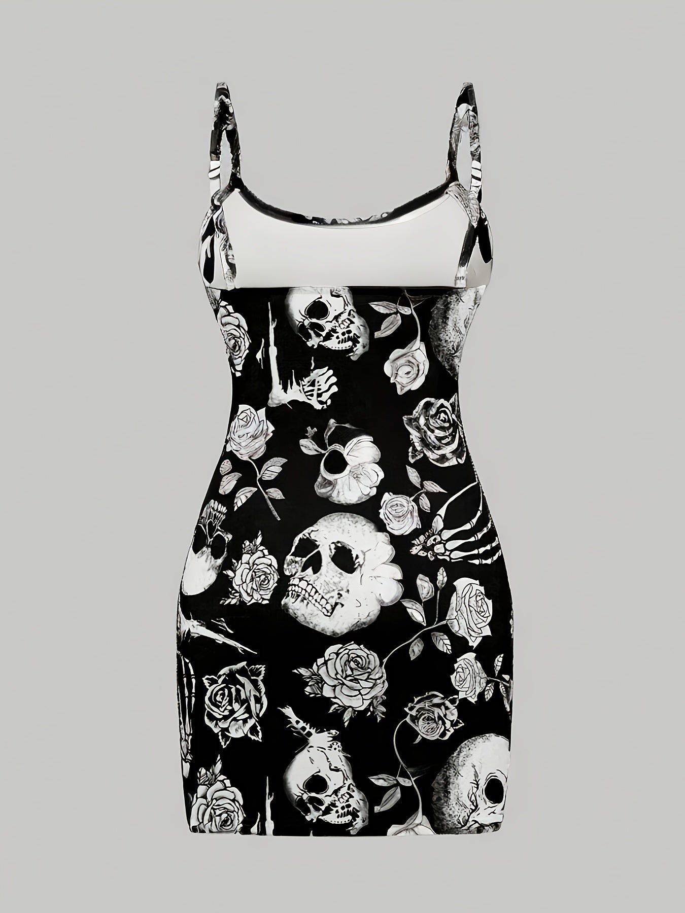 [Gothic Boho Mini Dress] Gothic Boho Women's Sleeveless Mini Dress | Black & White Skull & Floral Print, Spaghetti Strap, Round Neck, Machine Washable, Stretchy Party Outfit for Halloween, Casual & Themed Events