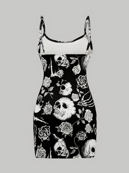 [Gothic Boho Mini Dress] Gothic Boho Women's Sleeveless Mini Dress | Black & White Skull & Floral Print, Spaghetti Strap, Round Neck, Machine Washable, Stretchy Party Outfit for Halloween, Casual & Themed Events