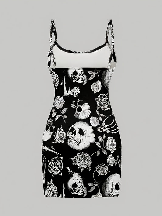 [Gothic Boho Mini Dress] Gothic Boho Women's Sleeveless Mini Dress | Black & White Skull & Floral Print, Spaghetti Strap, Round Neck, Machine Washable, Stretchy Party Outfit for Halloween, Casual & Themed Events