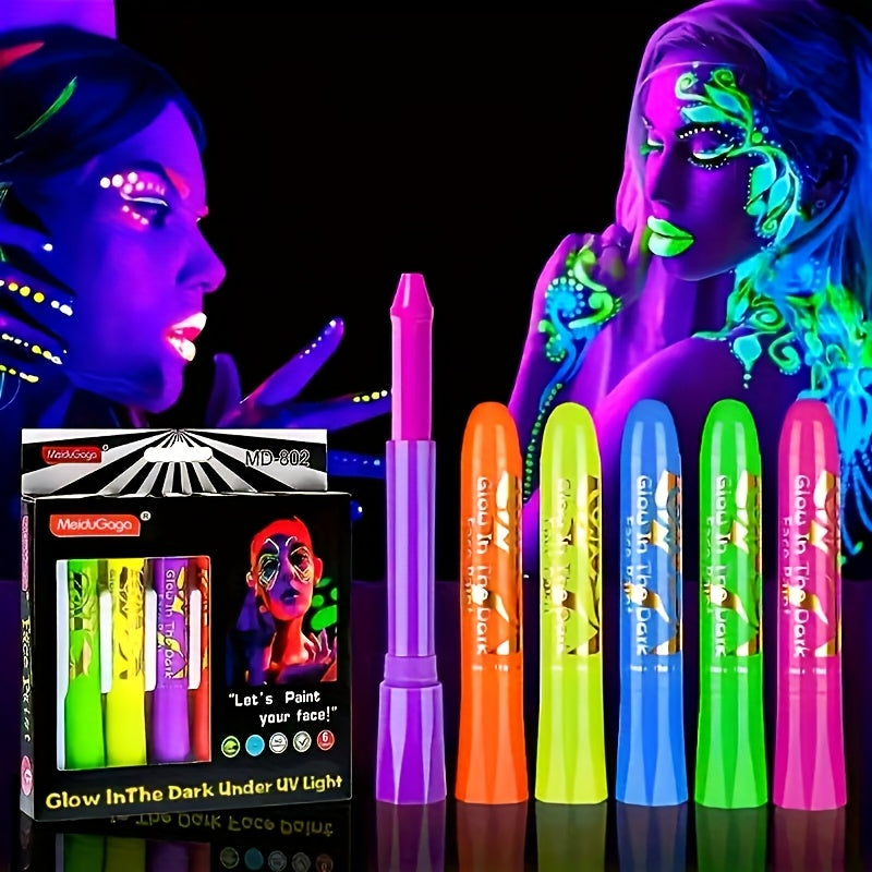 [Neon Face Paint Kit] 6pcs UV Neon Face Body Paint Kit - Glow in The Dark Under Black Light Glow Makeup Kit for Adult - Fluorescent Water-soluble Face Paints Crayons Sticks Markers for Birthday Mardi Gras Party Halloween Masq