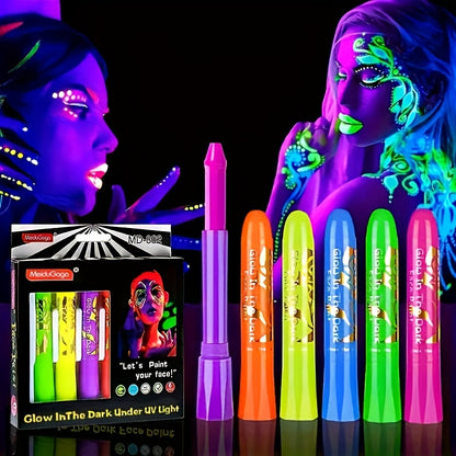 [Neon Face Paint Kit] 6pcs UV Neon Face Body Paint Kit - Glow in The Dark Under Black Light Glow Makeup Kit for Adult - Fluorescent Water-soluble Face Paints Crayons Sticks Markers for Birthday Mardi Gras Party Halloween Masq