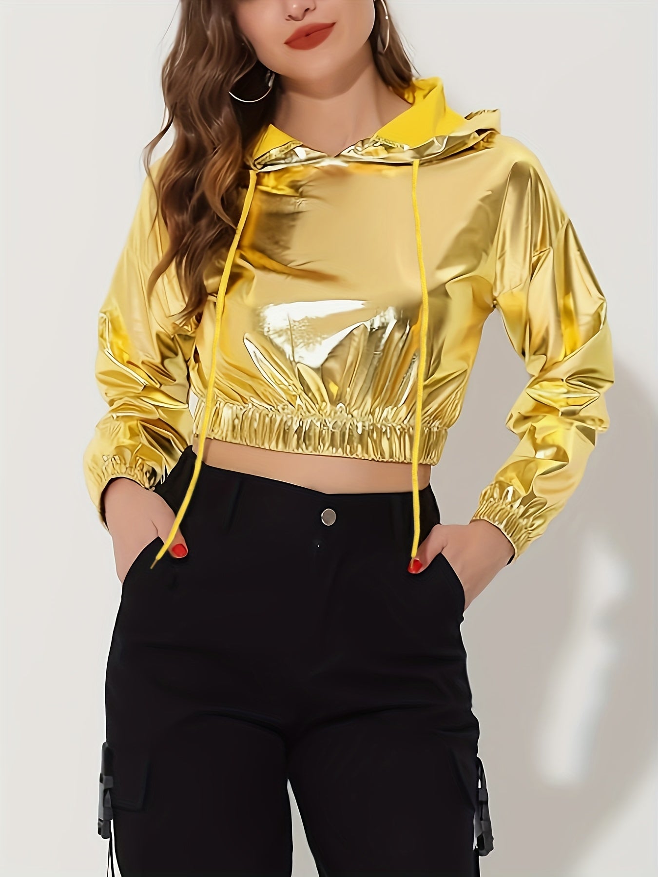 Women's Sexy Short-Length Hooded Sweatshirt - Long Sleeve Holographic Golden Metallic Pullover with Drawstring Hood, Stretchy Fabric for Gym Running Casual Wear, Spring/Autumn Fashion, Gym Hoodie, Seasonal Athletic Apparel, E