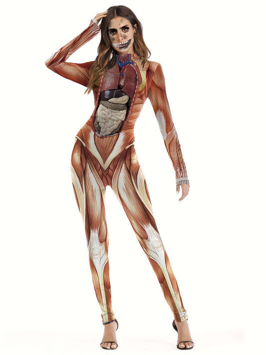 Women'S Halloween Skeleton Costume - Stretchy Bodycon Jumpsuit with Stand Collar, Long Sleeves & High-Low Hem, Form-Fitting Stretchy Fabric for Halloween Parties, Carnivals & Themed Events, Halloween Costumes, Carnival Attire