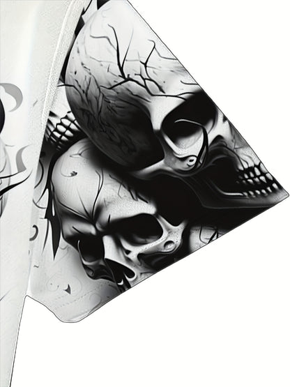 [Skull Print Set] 2pcs Men's Skull Print Set - 3D Graphic T-Shirt & Shorts | Summer Casual Sportswear, Black & White Skull Design, Comfortable Polyester Fabric, Perfect for Casual Attire, Graphic Print Clothing, Comfortable F