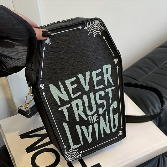 1pc Halloween Coffin-Shaped Fashion Shoulder Bag for Women, Sexy Gothic Faux Leather Crossbody Purse with "Never Trust The Living" Print, Zip Closure, Polyester Lining, and Edge Detailing