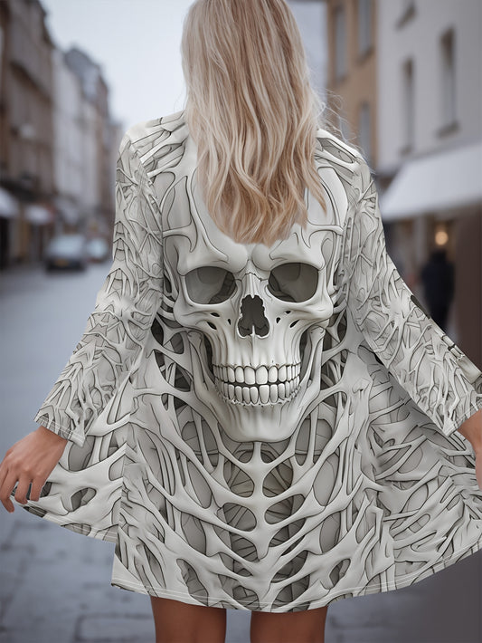 Long Sleeve Plus Size Chic Skull Print Cardigan - Open Front, Casual Spring/Fall Outerwear for Women