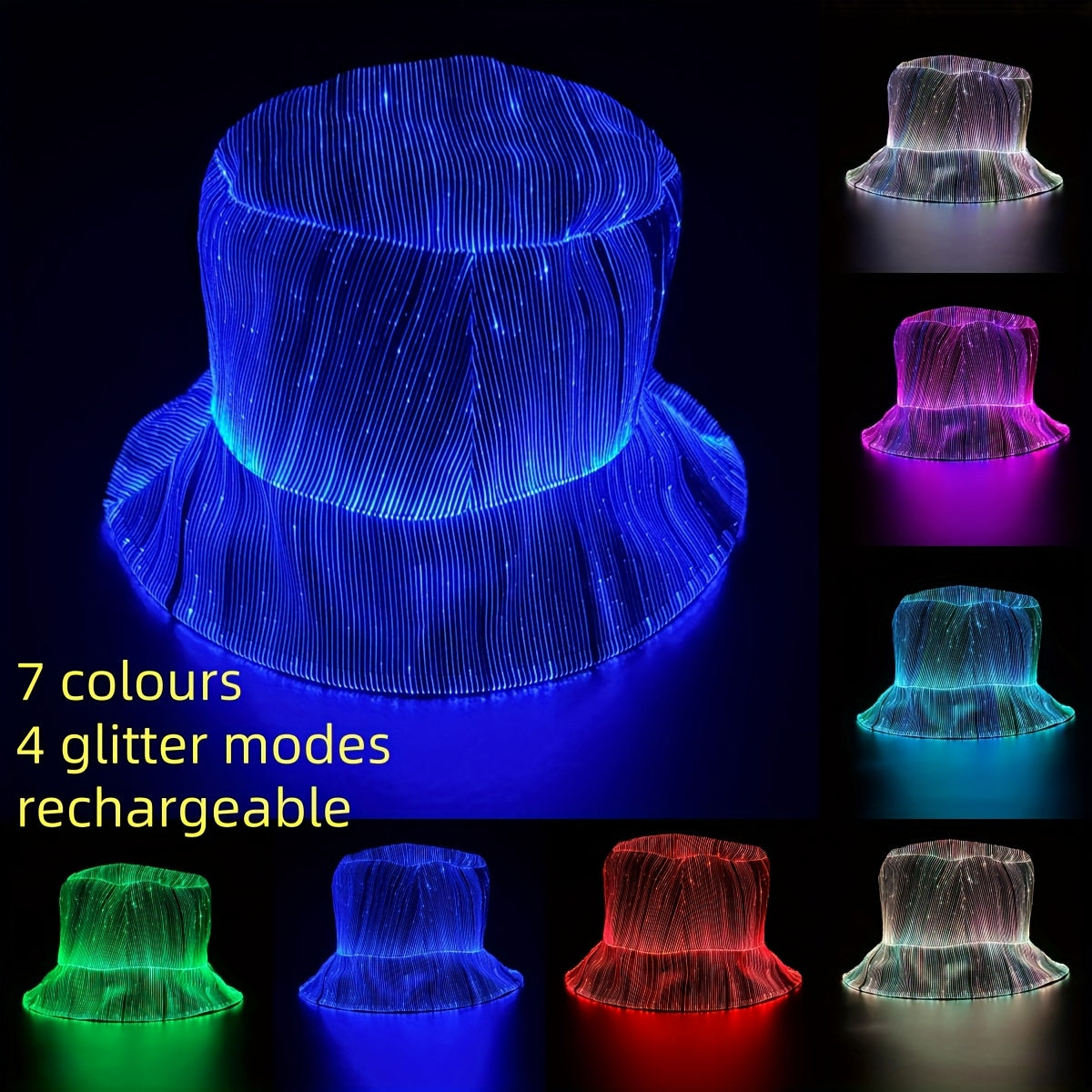 7 Colors, 4 Flashing Modes LED Fisherman Cap - Vibrant Neon Party Hat with USB Rechargeable Battery, Polypropylene Fiber, Perfect for Birthdays, Bar-Bat-Mitzvah, and Tailgating, Festive Headgear | Neon Party Hat | Polypropyle