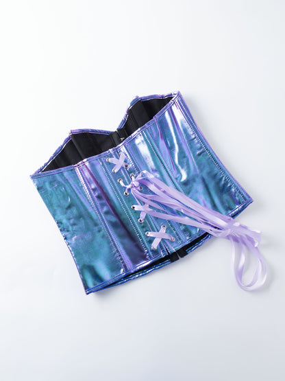 Gradient Purple to Blue Iridescent Corset Top - Lace-Up Back, Push-Up Shapewear for Women, Glossy Finish, Polyester & Elastane Blend, Hand Wash Only, Formfitting Shapewear | Laceup Closure | Smooth Texture