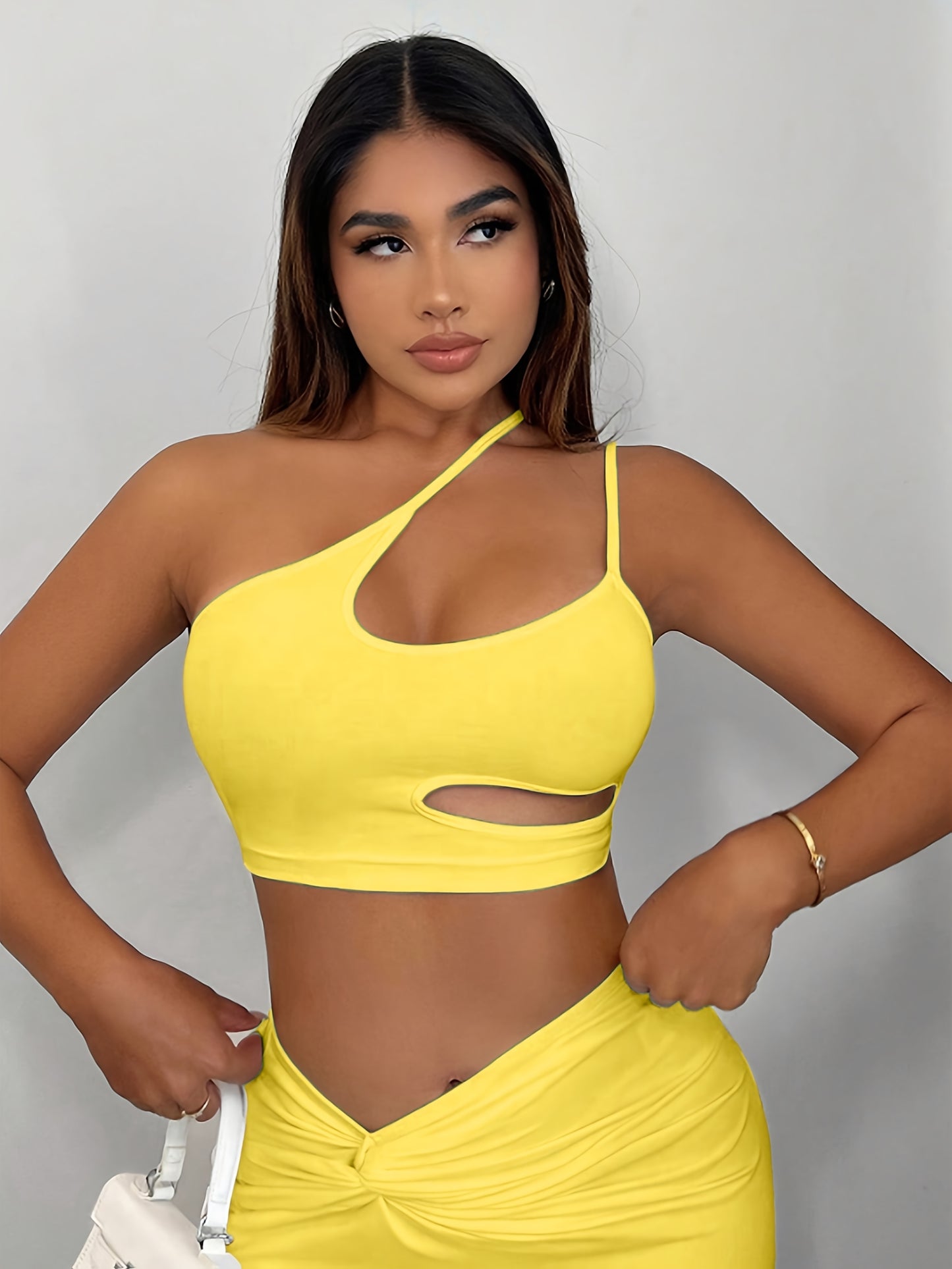 Women'S Sexy Neon Green One-Shoulder Cut-Out Crop Top - Stretchy Workout & Casual Wear, Perfect for Fitness, Parties, and Casual Attire, Fitness Apparel | Neon Green Top | Cutout Design, Gym Clothes