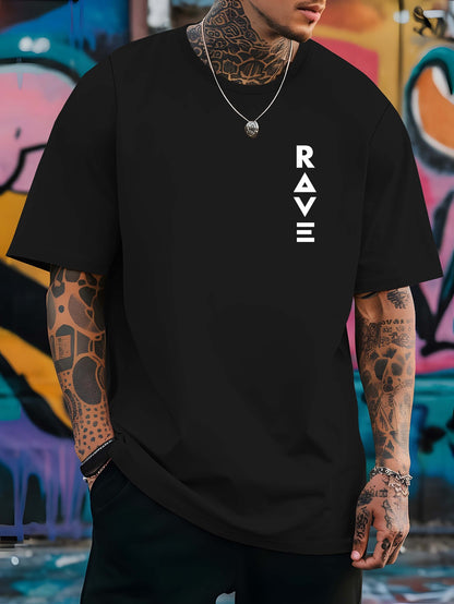 R V Men's Short Sleeve T-Shirt - Vibrant Yellow with Bold RAVE Graphic Print, Breathable Round Neck Casual Top for Summer Beach Resorts & Outdoor Activities