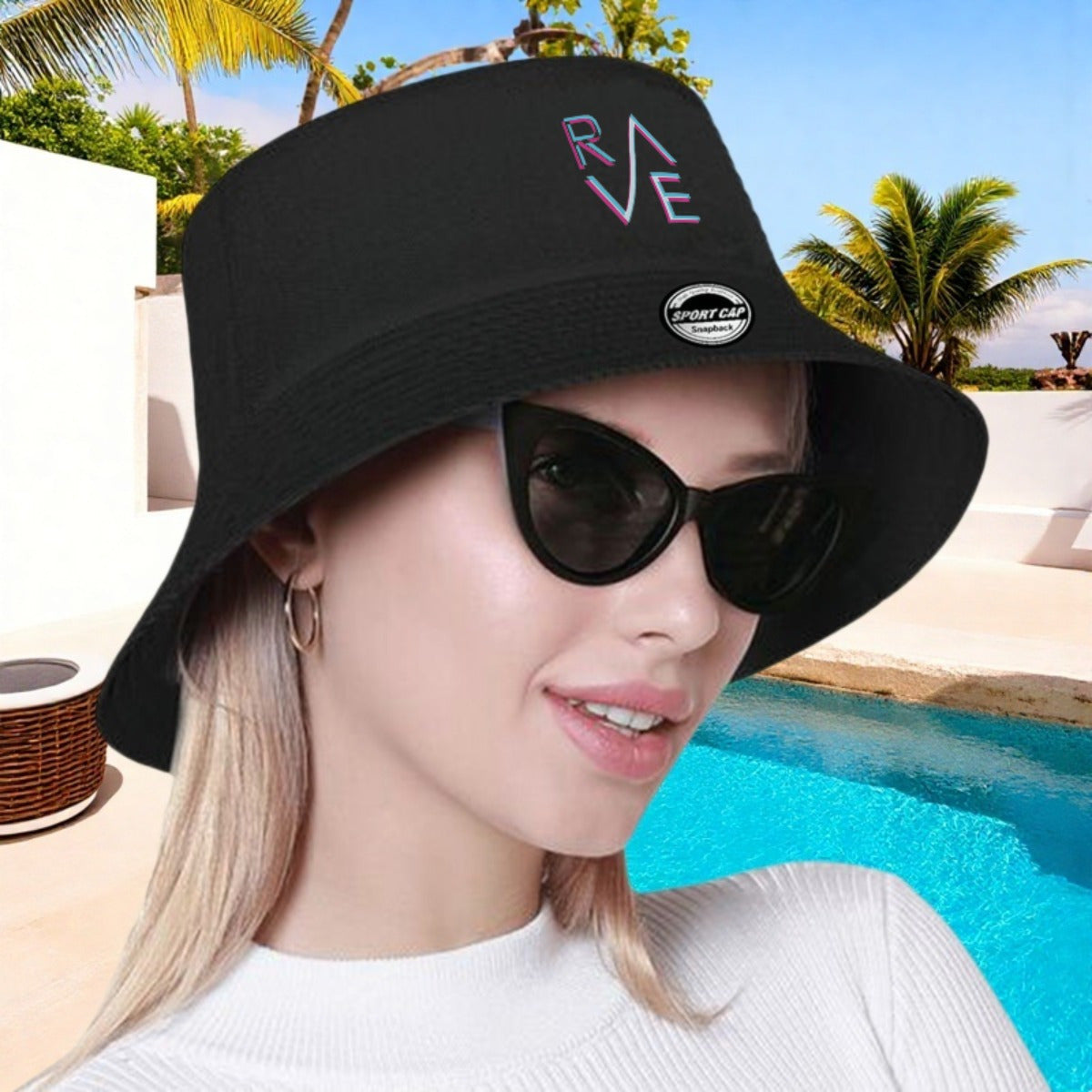 1pc Rave Print Bucket Hat - Double-Sided Wearable Sun Hat for Men & Women, Black with Colorful "Rave" Design, Lightweight Polyester, Perfect for Basketball, Camping & Casual Outings, Casual Headwear | Vibrant Print Hat | Dura