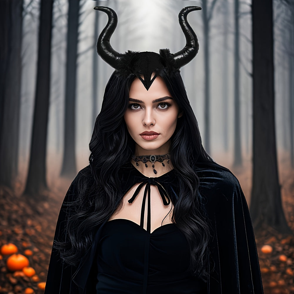 [Halloween Devil Costume Set] 5pcs Halloween Devil Costume Set | Black Witch Cape, Devil Horns Headband, Lace Fingerless Gloves, Gothic Queen Dress Up, Carnival Wizard Party Accessories