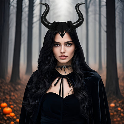 [Halloween Devil Costume Set] 5pcs Halloween Devil Costume Set | Black Witch Cape, Devil Horns Headband, Lace Fingerless Gloves, Gothic Queen Dress Up, Carnival Wizard Party Accessories