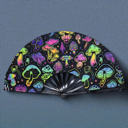 33.02cm Glow-in-the-Dark Mushroom Folding Fan - Vibrant Neon Psychedelic Design, Handheld PP Material for Parties, Raves, Halloween, Concerts, Cosplay & Themed Events - No Battery Needed, Mushroom Decor