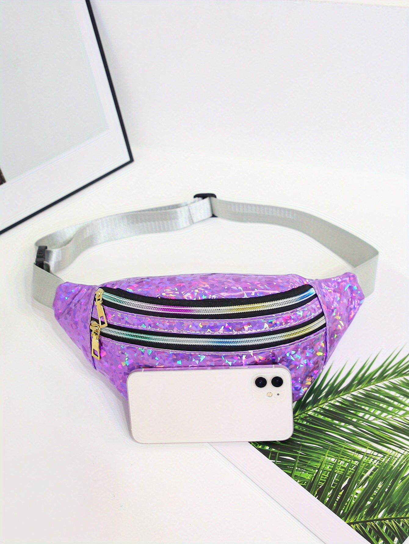 Holographic Sequin Waist Bag for Women - Stylish Crossbody Belt Bag with Adjustable Strap, Zipper Closure, And Glittery Purple, White, And Pink Patterns - Perfect for Outdoor Activities, Travel, And Everyday Fashion, Crossbod