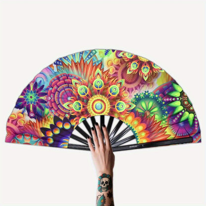 Large Fluorescent Kung Fu Folding Fan - Vibrant Multicolor Feather Design, Foldable Battery-Free Fan for EDM Festivals, Drag Queen Performances, Parties & Events