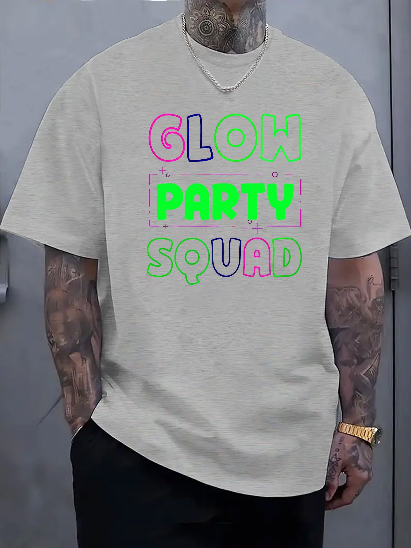 Glow Party Squad Men'S Casual Short Sleeve T-Shirt - Vibrant Neon Green & Orange Print, Breathable Knit Fabric, Round Neck Summer Top for Outdoor Activities & Casual Wear, Glossy Finish Shirt