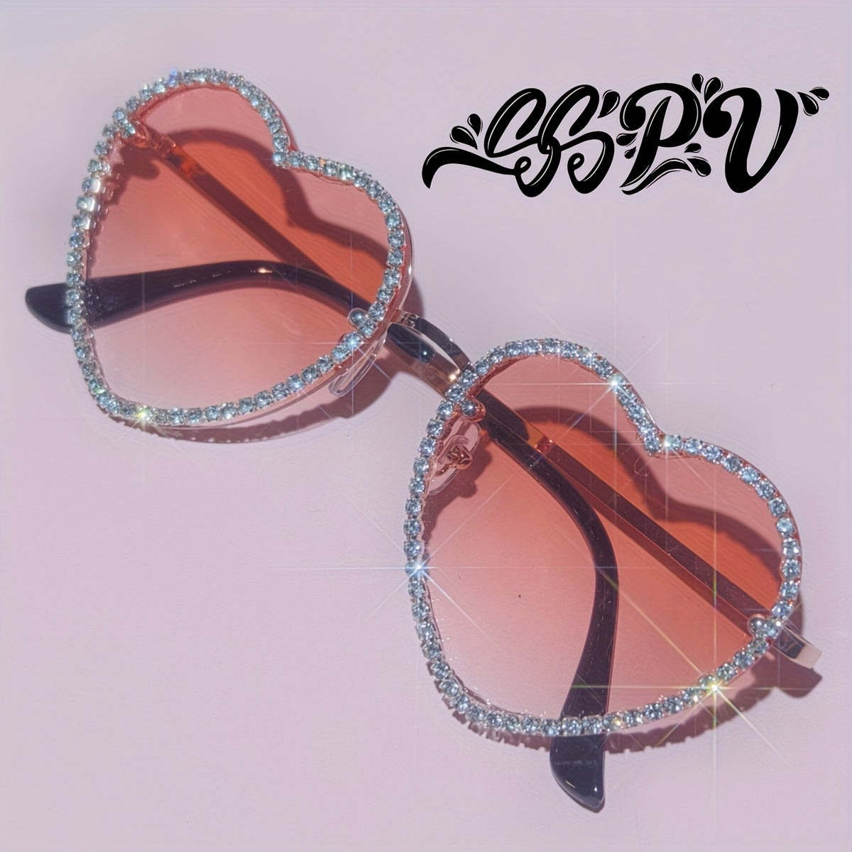 SSPV Rhinestone Heart Fashion Glasses - Sparkling Love-Shaped Shades in Multiple Colors, Glittery Gradient Lenses with Black Frames, Perfect for Festivals, Parties & Fashion Accessories, Party Eyewear, Rhinestone Embellishmen