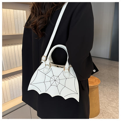 Halloween Women'S Bat Wing Spider Web Handbag - Lightweight Synthetic Faux Leather Tote with Geometric Spider Web Design, Zipper Closure & Detachable Strap, Gothic Style for Daily Use or Party Outfits, Durable Polyester Linin