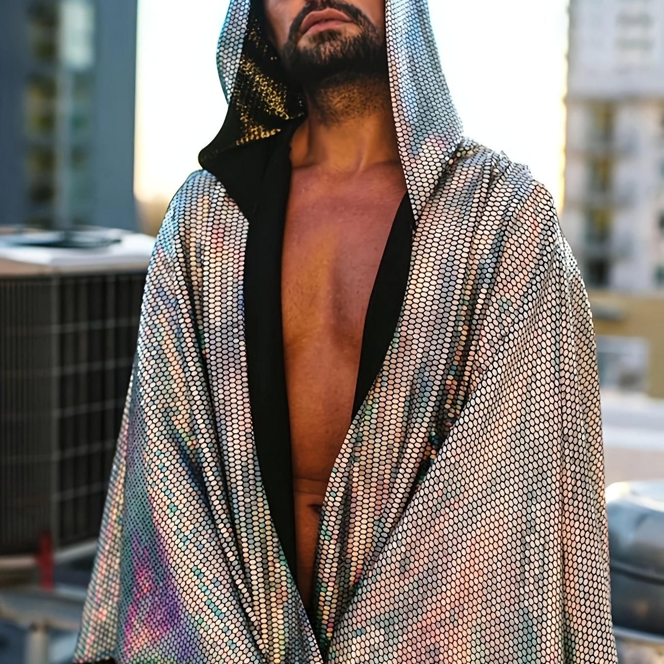 Men's Loose Fit Laser Sequin Hooded Shawl - Sparkling Reflective Nightclub & Rave Apparel, Machine Washable Music Festival Vest with Adjustable Hood for Concerts and Parties, Party Wear, Reflective Fashion, Durable Party Wear