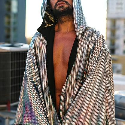 Men's Loose Fit Laser Sequin Hooded Shawl - Sparkling Reflective Nightclub & Rave Apparel, Machine Washable Music Festival Vest with Adjustable Hood for Concerts and Parties, Party Wear, Reflective Fashion, Durable Party Wear