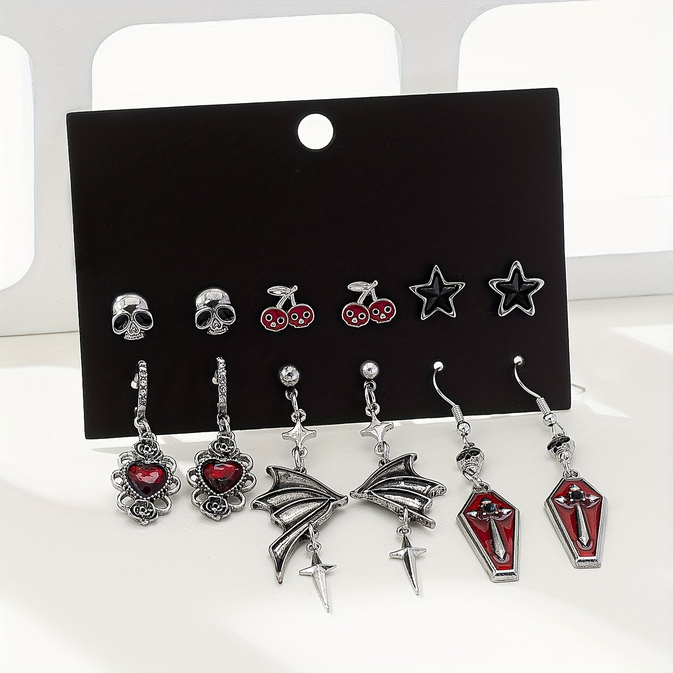[Gothic Halloween Earrings] Gothic Skull Rose Bat Wing Coffin Halloween Earring Set - Six-Pair Five-Star
