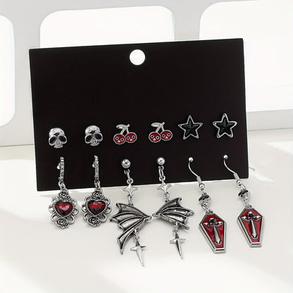 [Gothic Halloween Earrings] Gothic Skull Rose Bat Wing Coffin Halloween Earring Set - Six-Pair Five-Star