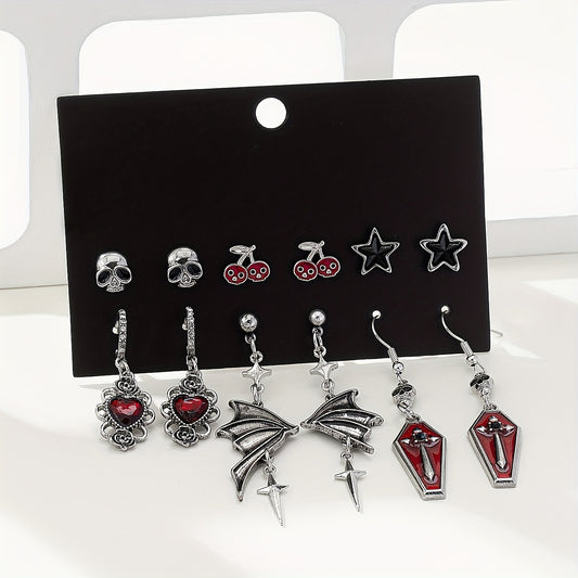 [Gothic Halloween Earrings] Gothic Skull Rose Bat Wing Coffin Halloween Earring Set - Six-Pair Five-Star